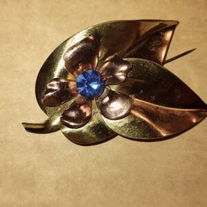 Royal Blue Rhinestone on Antique-Gold & Copper Leaf Brooch